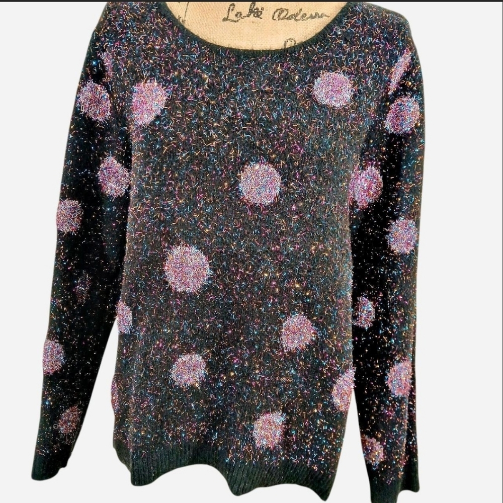 Apt. 9 Metallic Polka Dot Sweater Extra Large XL Black  Pink Sparkle Party